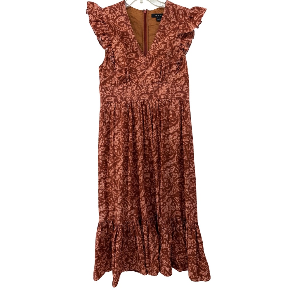 Atsu by Anthropologie Paisley Cotton Midi Dress Terracotta Ruffle V-Neck Size M